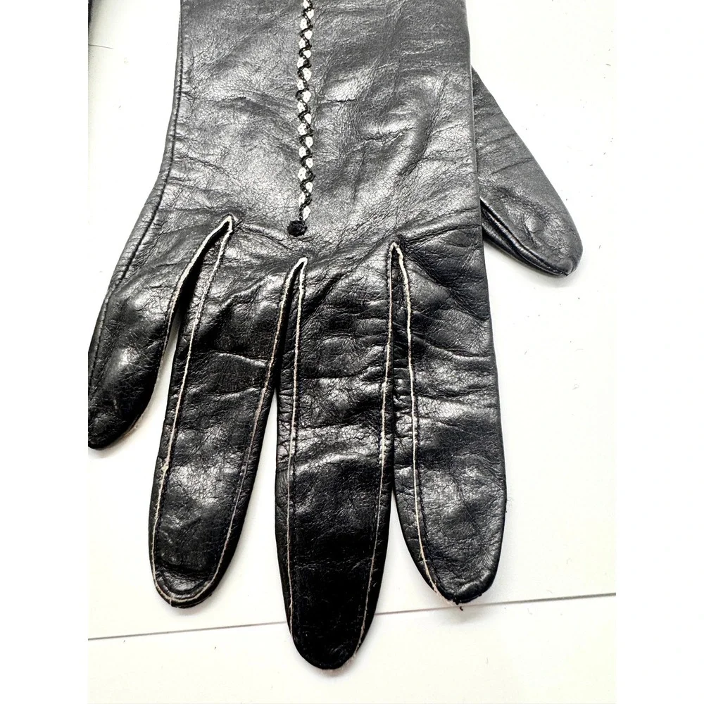 Vintage Black Leather Gloves Embellishd Floral Detail Mid Century Size 7 Fair‎